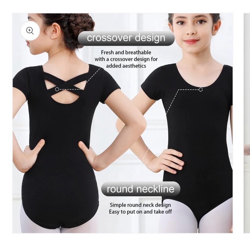 Girls' Black Short Sleeve Dance Leotard Tee 8/10y